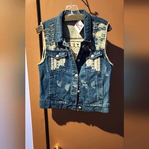 MISS ME Distressed Denim Vest with Crochet Details